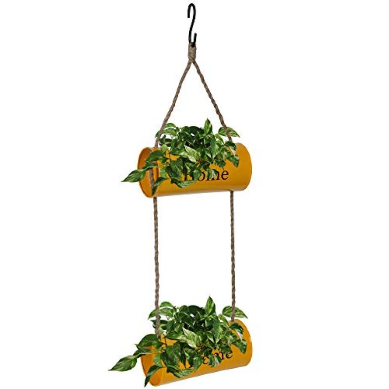 Kraft Seeds Double Hanging Metal Pot For Home And Garden Use With Jute Rope Yellow Planter