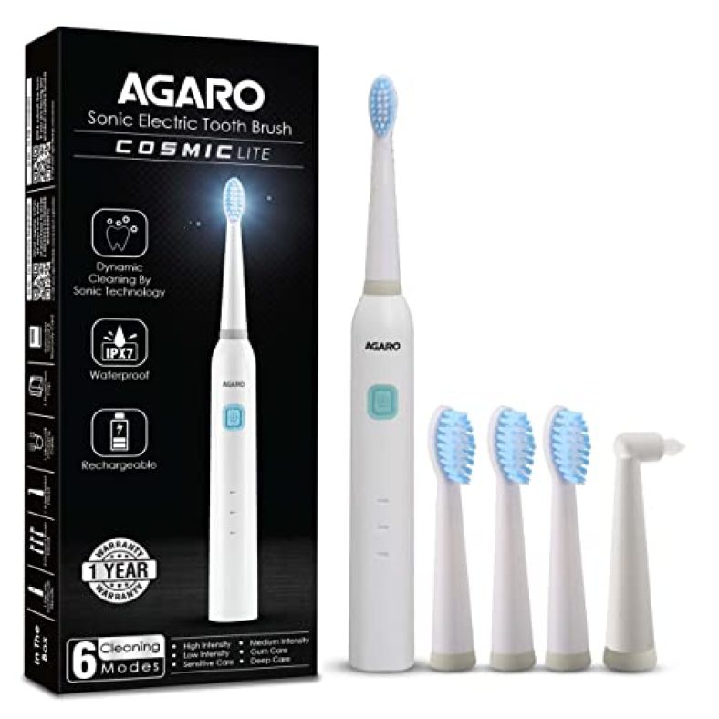 Agaro Cosmic Lite Sonic Electric Toothbrush For Adults With 6 Modes, 3 Brush Heads, 1 Interdental Head And Rechargeable With 3.5 Hours Charge Lasting Up To 25 Days, Power Toothbrush, (White) (33542)
