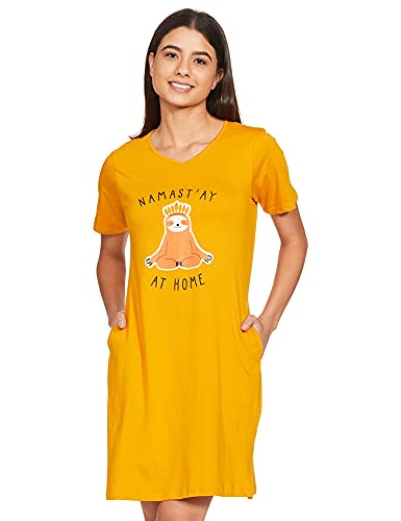Slay Day Women’S Cotton Knee-Long Relaxed Fit Night Dress (Sdaw20Nw01-07-183_Mustard Yellow_M)