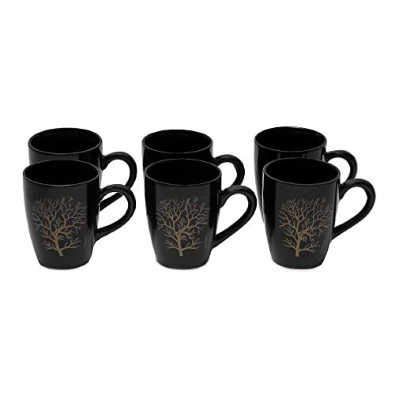 Anwaliya Edesia Series Ceramic Coffee Mugs, 250 Ml, Set Of 6, Printed Black Abg1