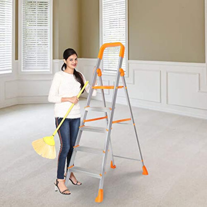 Happer Premium Foldable Aluminium Step Ladder, Clamber Pro, 5 Steps (Orange & Satin)