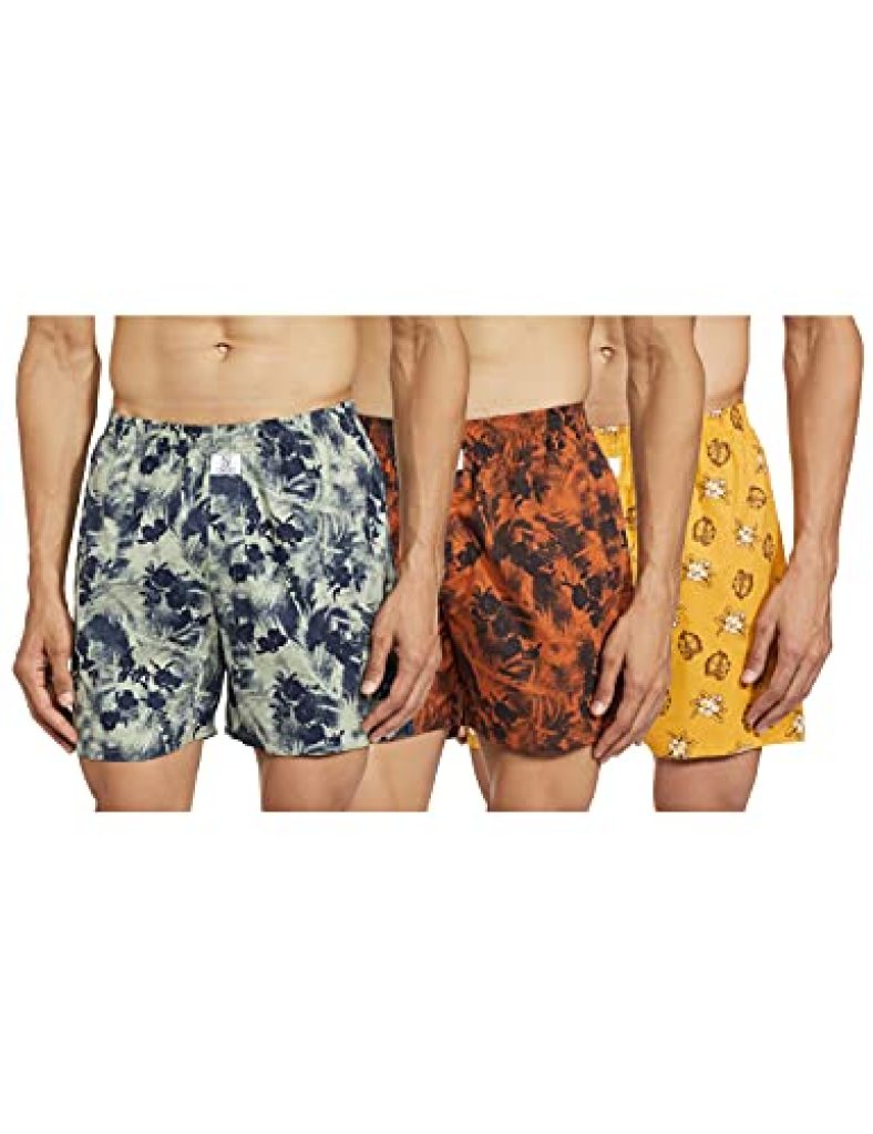 Longies Men’S Pure Cotton Regular Printed Boxer Shorts (Pack Of 3)(Yellow, Grey, Orange, Medium )