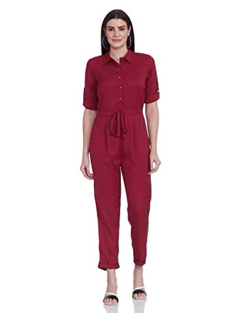 Miss Olive Women’S Polyester Regular Jumpsuit (Moss19D30-64-143_Maroon_S)