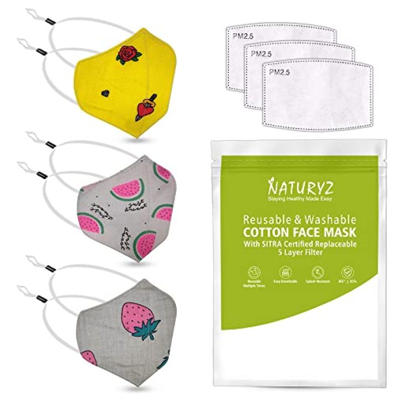 Naturyz Kids Cotton Face Mask (5-12 Years) With 5 Layer N95 Sitra Certified Filters | Reusable, Washable, Breathable With Comfortable Head Loop For Boys, Girls & Children