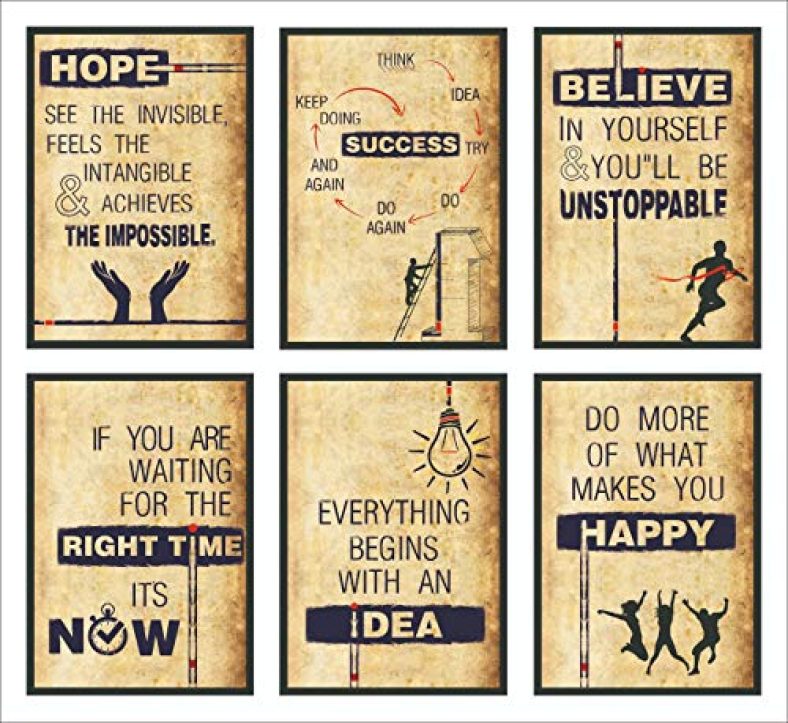 Vantagekart Hope, Success, Believe, Time, Idea, Happy Inspirational Motivational Self Adhesive Wall Posters For Home & Office Decor (Paper, 12X18-Inch, Brown) – Set Of 6