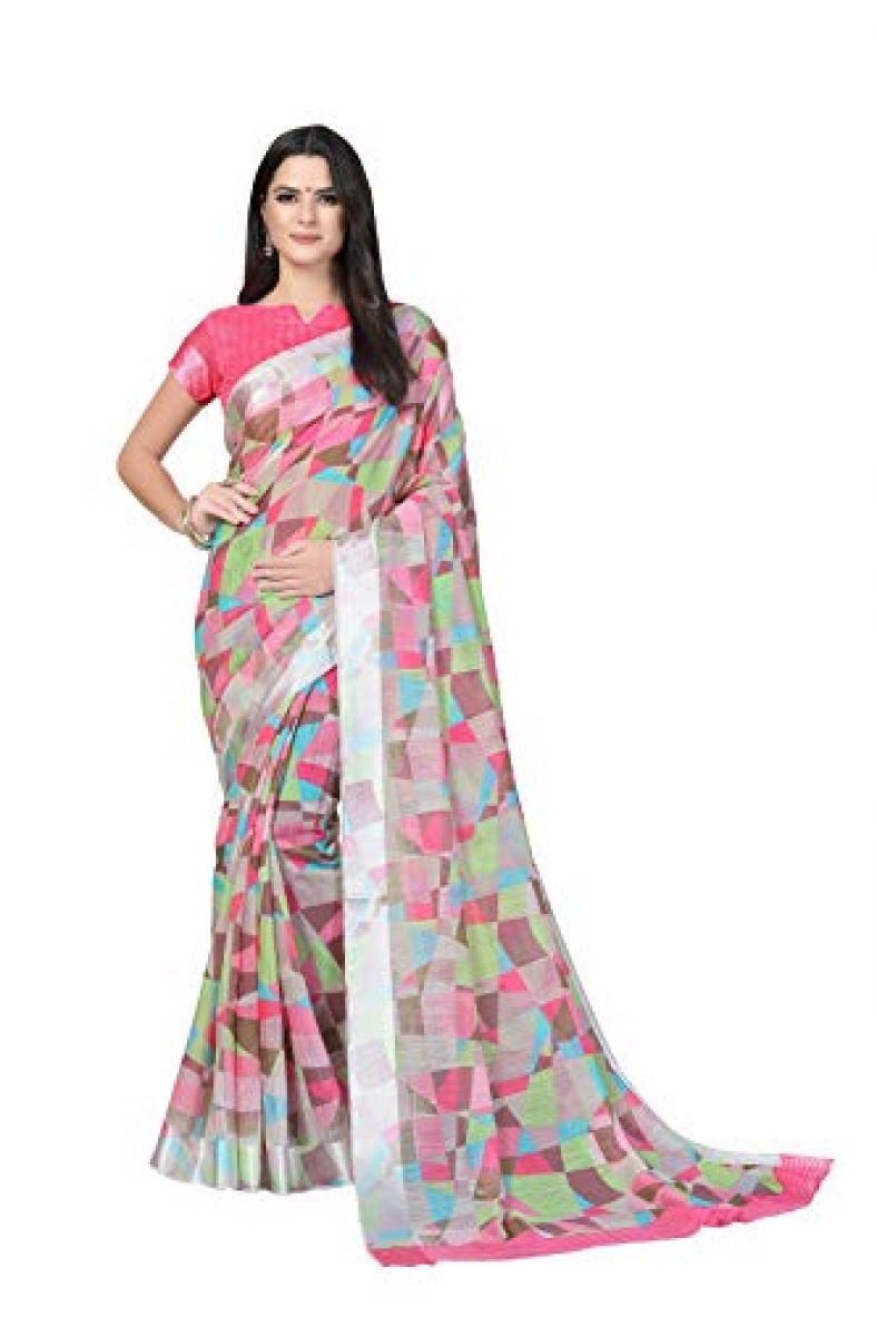 Divine International Trading Co Women’S Plain Weave Satin Saree With Blouse Piece (Rainbow-Light Pink_Light Pink)