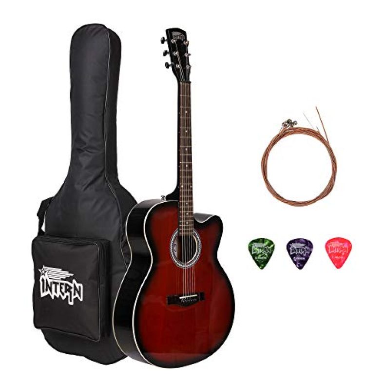 Intern Made In India Acoustic Guitar Package. 39 Inches Cutaway Guitar With Truss Rod. Durable And Long Lasting With Carry Bag, Strings, Picks And Allen Key, Red, Full (Int-In39C-Rd)