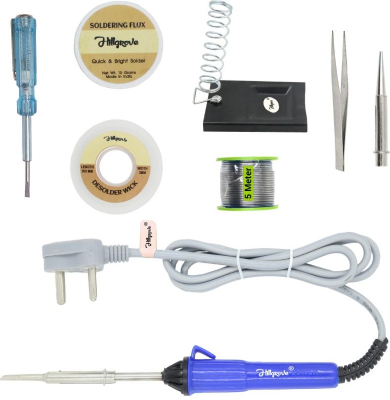 Hillgrove 8In1 Basic 25W Soldering Iron Kit With 5 Meter Solder Wire, Flux, Stand, Tester, Bit, Tweezer, Wick 25 W Simple(Flat, Pointed Tip)