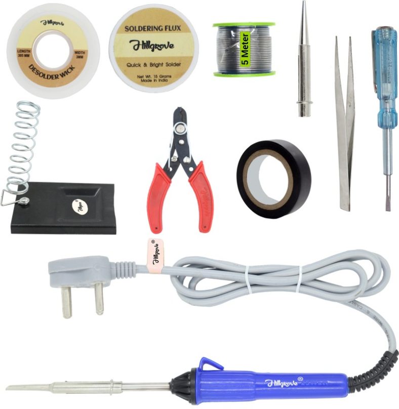 Hillgrove 10In1 Basic 25W Soldering Iron Kit With 5 Meter Solder Wire, Cutter, Stand, Flux, Bit, Tape, Tester, Tweezer, Wick 25 W Simple(Flat, Pointed Tip)