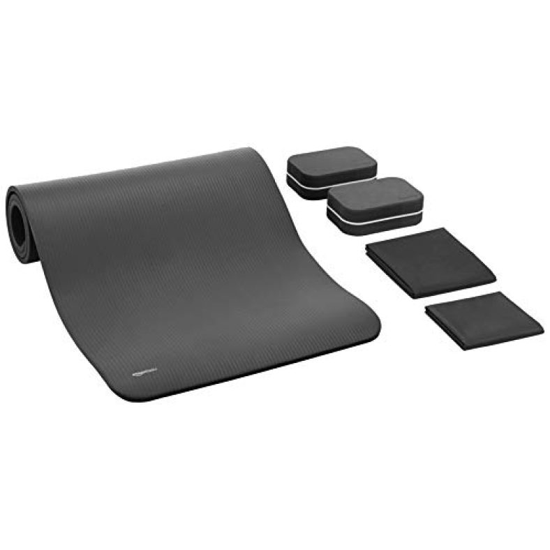 Amazonbasics 13 Mm Thick Yoga Mat, Yoga Belt, 2 Blocks & 2 Fast Drying Towels – 6 Piece Set, Grey