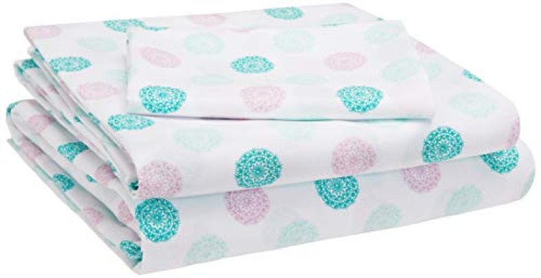 Amazonbasics Kid’S Soft, Easy-Wash Microfiber Floral Single Sheet With Pillow Cover Set (Jade Medallion)