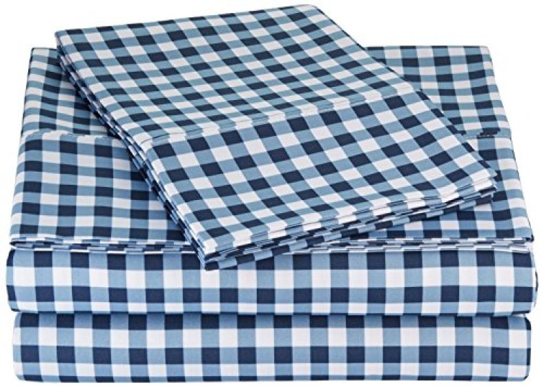Amazonbasics Microfiber Sheet Set – (Includes 1 Bedsheet, 1 Fitted Sheet With Elastic, 2 Pillow Covers,Blue) King, Gingham Plaid