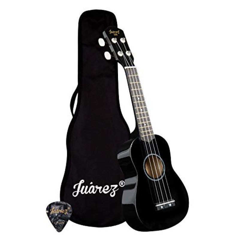 Juarez Junior 53.34 Cm (21″) Soprano Ukulele, Linden Wood Top & Body, Nylon Strings, Chrome Open Machine, Rosewood Fretboard With Gig Bag, 1 Pick, Black