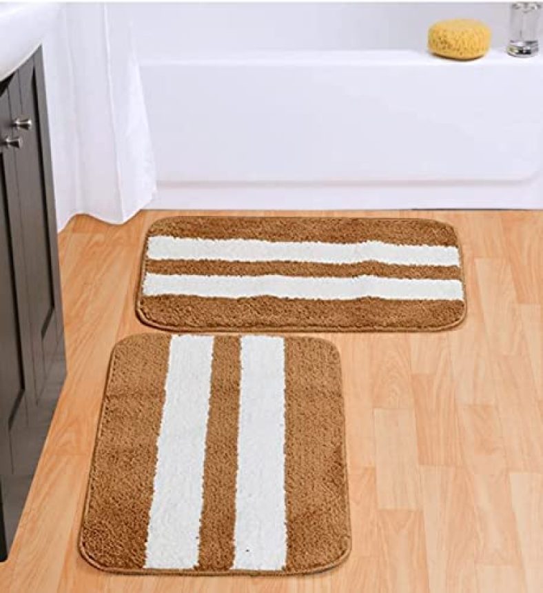 Modern 2 Piece Mats With Anti Skid Rubber Backing,Colour Beige With White Strip Set Of 2 (40 X 60 Cm)