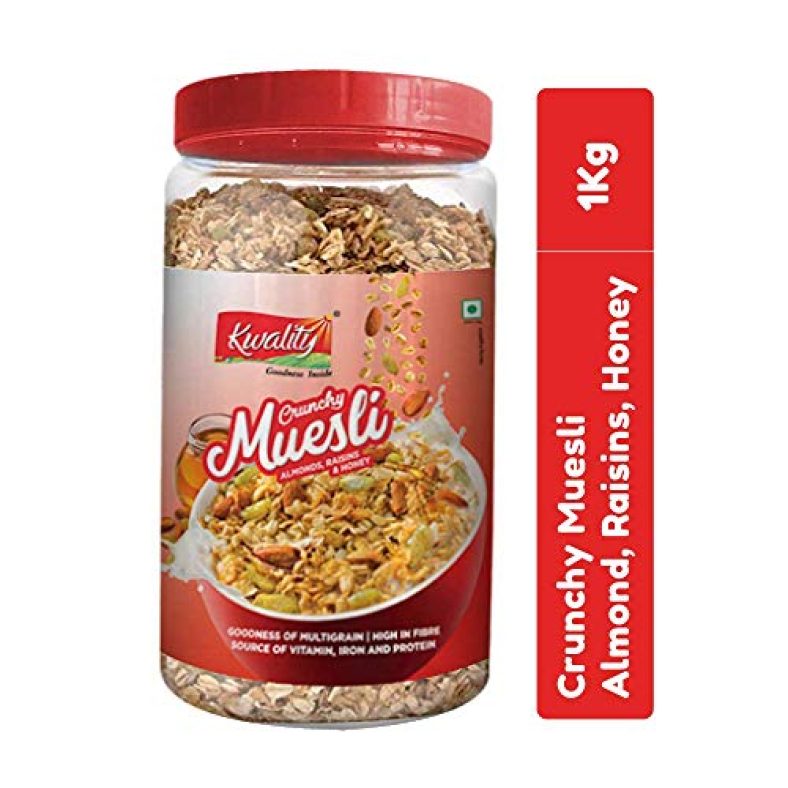 Kwality Crunchy Muesli- Almond, Raisins And Honey- Goodness Of Multigrain, High In Fibre Source Of Vitamin, Iron And Protein (1Kg Jar)