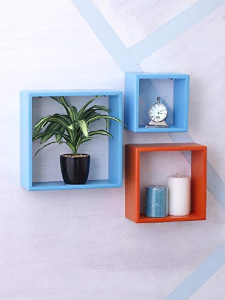 Home Sparkle Wall Mounted Floating Shelves | 3 Set Decorative Cube Shelves Rack | Ideal For Decoration In Living Room, Bedroom & Wall Floating Bookshelf (Lacquer Finish, Blue And Orange)