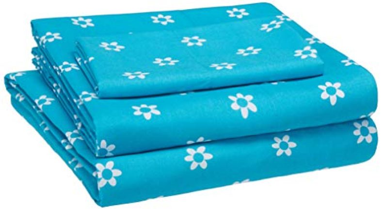 Amazonbasics Kid’S Soft, Easy-Wash Microfiber Floral Single Sheet With Pillow Cover Set (Blue Flowers)