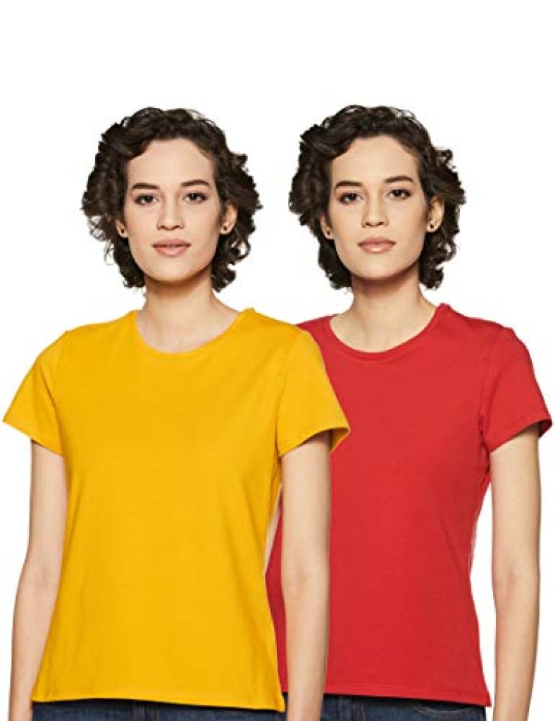 Amazon Brand – Symbol Women’S Solid Regular Fit Half Sleeve T-Shirt (Rn-Po2-Combo29_Mustard & Chinese Red_Xl) (Combo Pack Of 2)