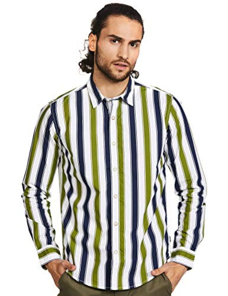 Pepe Jeans Men’S Striped Slim Fit Casual Shirt (Pm306689_M_Green)