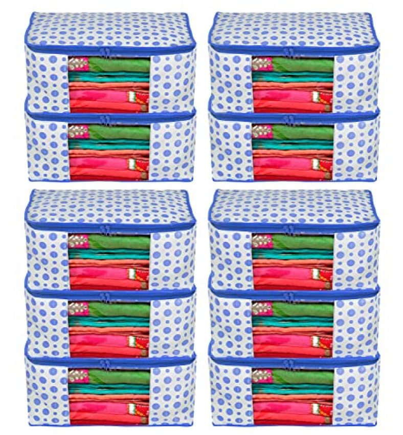 Kuber Industries Dot Printed Non-Woven Saree Cover, Cloth Organizer, Wardrobe Organiser With Tranasparent Window- Pack Of 10 (Blue)-46Km0502