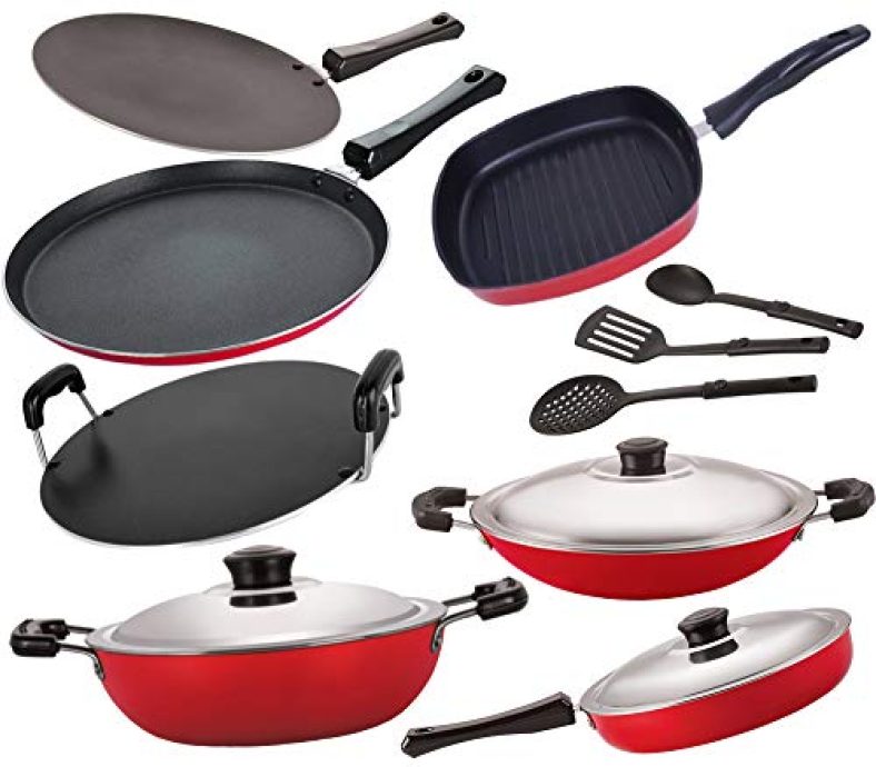 Nirlon Non-Stick Heavy Gauge Aluminium Kitchen Items – 10 Pieces, Red [Ft12_Ct12_Fp12_Dkd(B)_Ac_Rt_Gp24_3Spn]