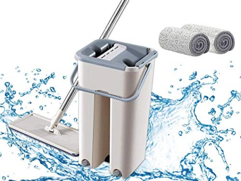 Lifini Heavy Floor Mop With Bucket, Flat Squeeze Mop Bucket System Cleaning Supplies 360° Flexible Mop Head/2 Reusable Pads Home Floor Cleaner Mops Extended Stainless Stil (White)