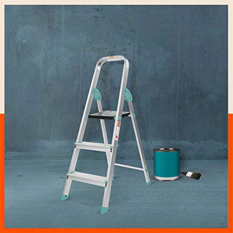 Bathla Advance Carbon – 3 Step Foldable Aluminium Ladder For Home With Scratch Resistant Smart Platform And Sure-Hinge Technology (Teal)