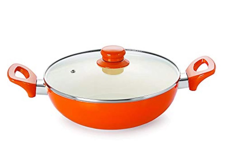 Nirlon Ceramic Non-Stick Aluminium Induction Friendly Cooking Kadhai,3.1 Liter, Orange