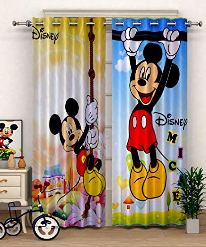 Fun Homes Disney Mickey Print 2 Pieces Polyester Special Blackout Long Crush Eyelet Door Curtain 7 Feet (Sky Blue & Yellow)