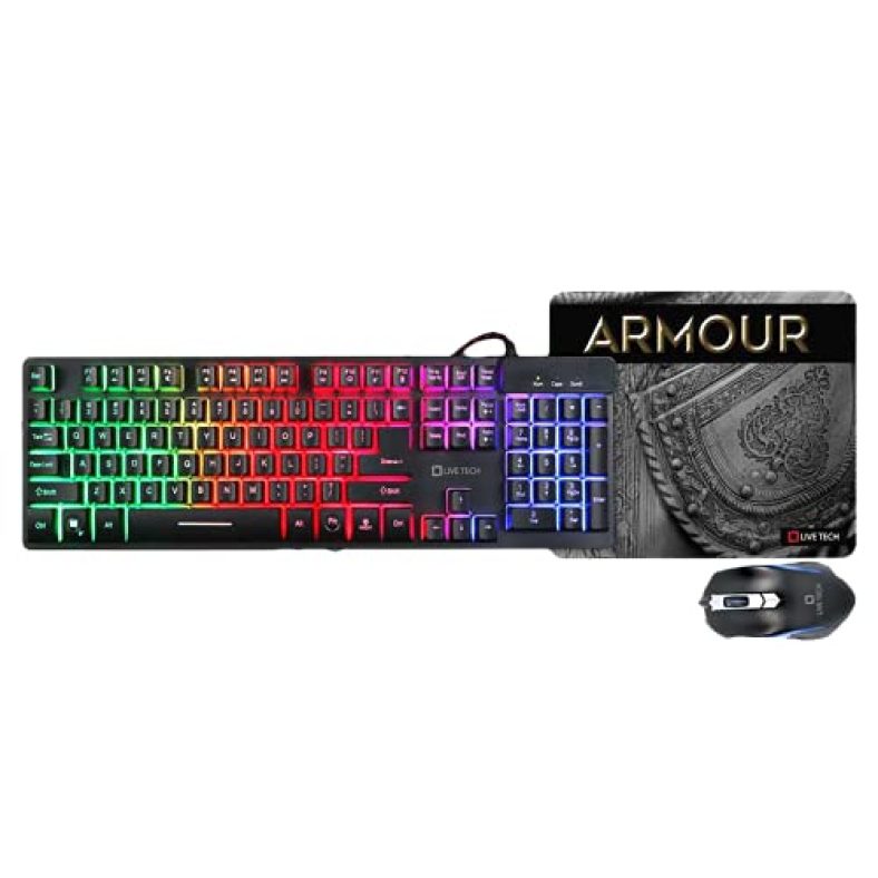 Live Tech Armour Gaming Rgb Keyboard Mouse With Mousepad Combo Gamers Choice 19 Anti-Ghosting Keys Letter Illuminated Backlit On/Off Fn+ Backlit Breathing Constantly Lit Fn+Page Up Backlit Brightness + Fn+Page Dn Backlit Brightness.