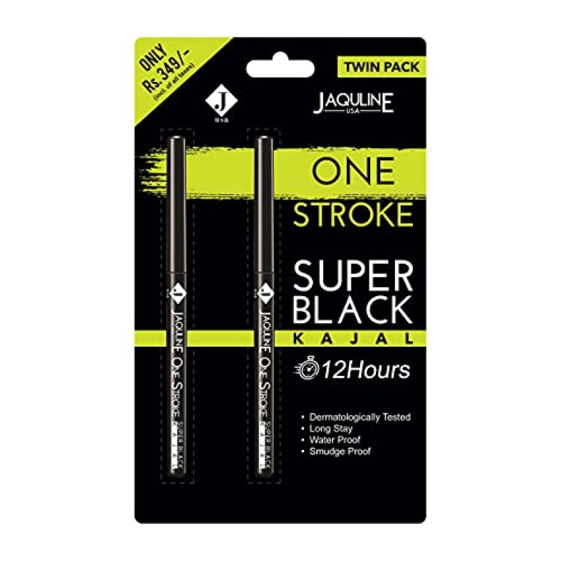 Jaquline Usa Onestroke Super Black Kajal Twin Pack, Smudge Proof, Water Proof, Black, (Pack Of 2) 0.30G+0.30G=0.60G