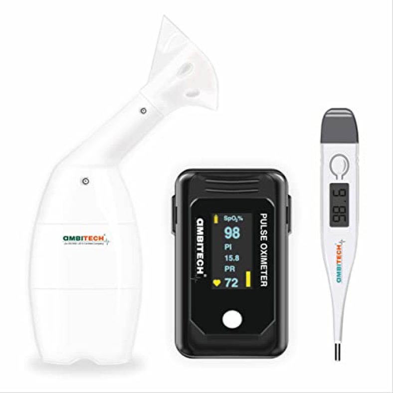 Ambitech Healthcare Kit- Pulse Oximeter With Spo2 Perfusion Index Oled Display Steam Vaporiser Digital Thermometer (Made In India)(1 Year Warranty)
