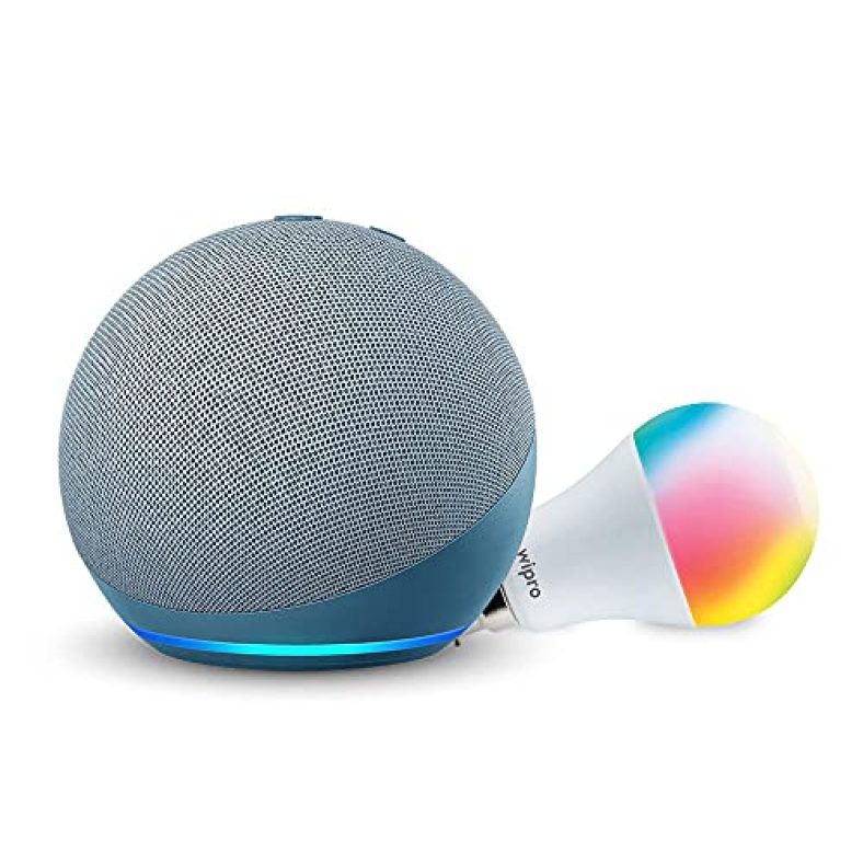 Echo Dot (4Th Gen, Blue) + Wipro 9W Led Smart Color Bulb Combo – Works With Alexa – Smart Home Starter Kit