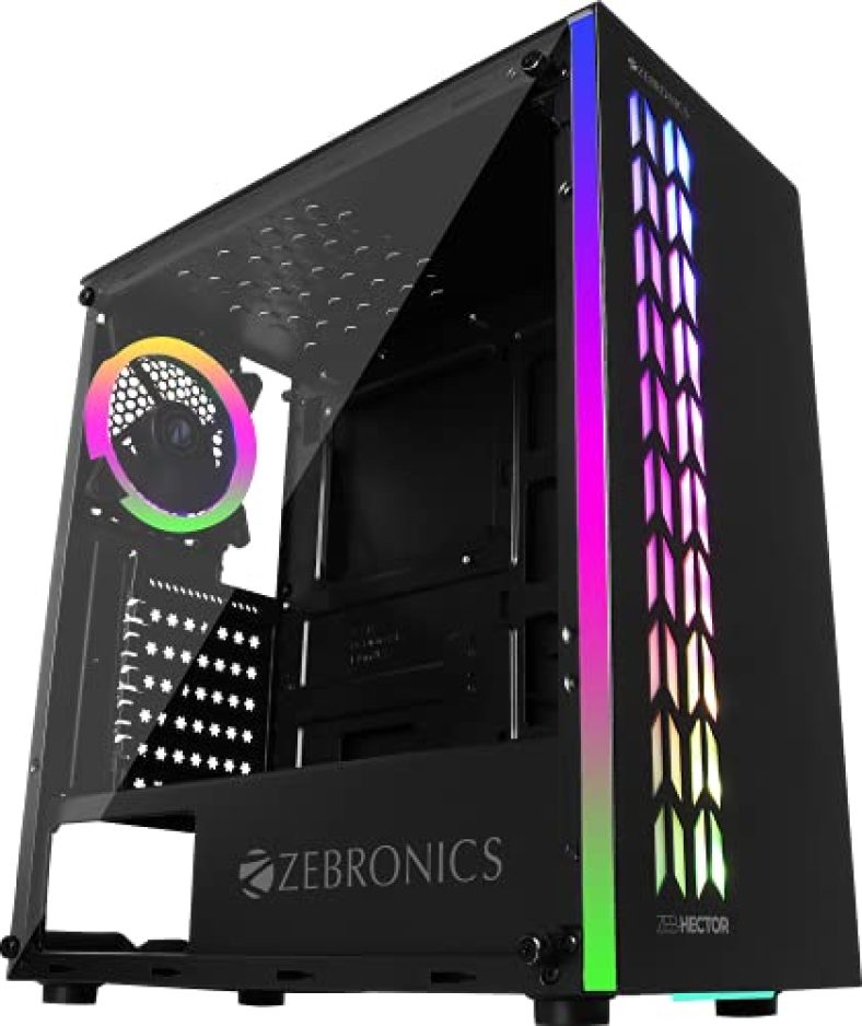 Zebronics Zeb-868B Hector Premium Gaming Chassis, Supports Atx/Micro Atx Motherboard, Usb 3.0, Aio Cooler, 120Mm Rgb Cooling Fans, Tempered Glass Panel, Rgb Led Strip