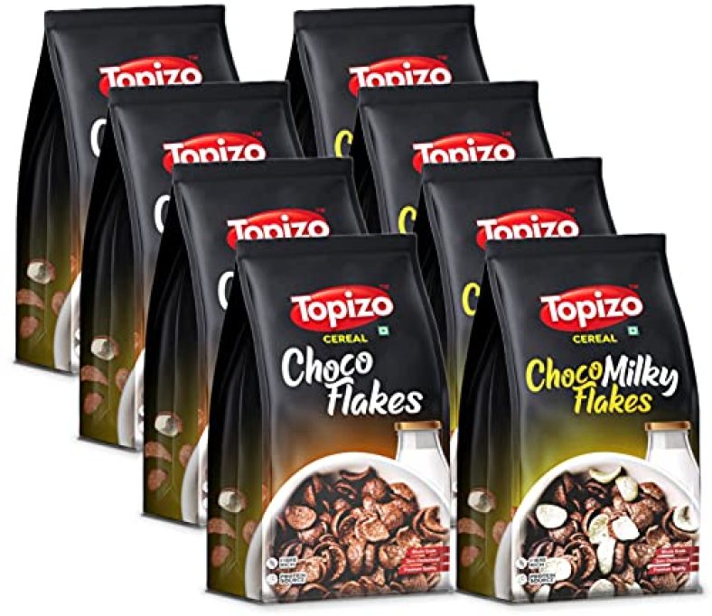 Topizo Cereal Choco Flakes & Choco Milky Flakes (Wholegrain High Fibre Wheat Chocos) Pack Of 8, 1.6Kg