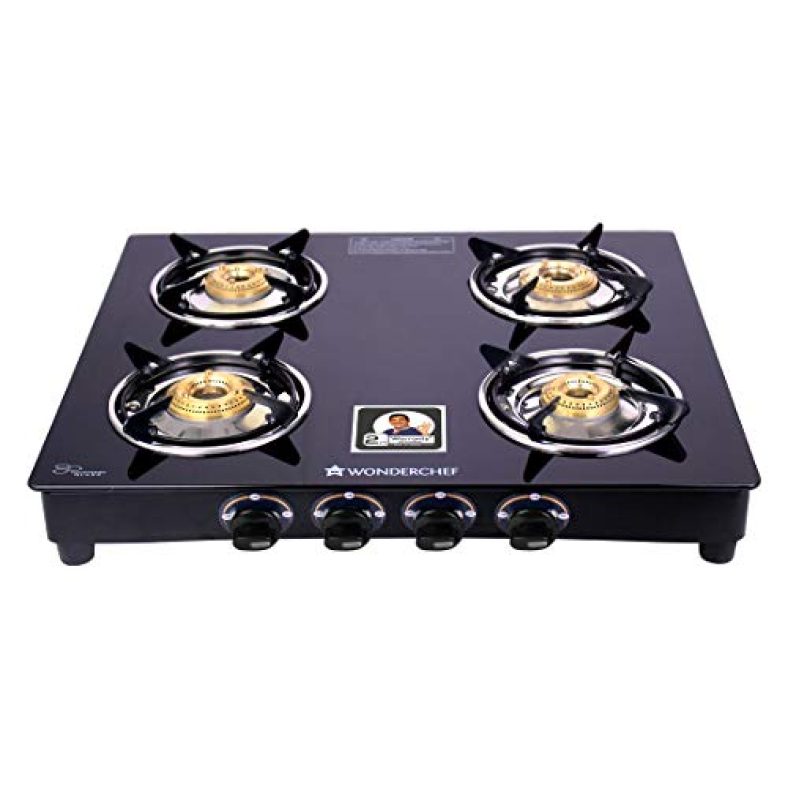 Wonderchef Power 4 Burner Toughened Glass Ms Cooktop Gas Stove, Stainless Steel Drip Tray, Tri-Pin, Anti-Skid Legs, Large Pan Supports, Manual Ignition, Black