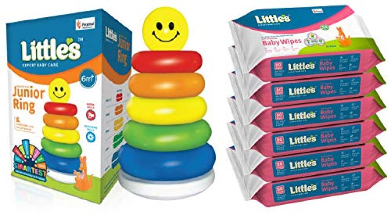 Little’S Junior Ring (Multicolour) & Little’S Soft Cleansing Baby Wipes With Aloe Vera, Jojoba Oil And Vitamin E (80 Wipes) – Pack Of 6