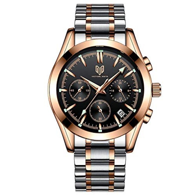 Michael Bans Spear Premium Chronograph Watch For Men & Women Multi Function Waterproof Casual Business Classic Quartz Date Display Watch (Rose Gold Dial Rose Gold And Silver Colored Strap)