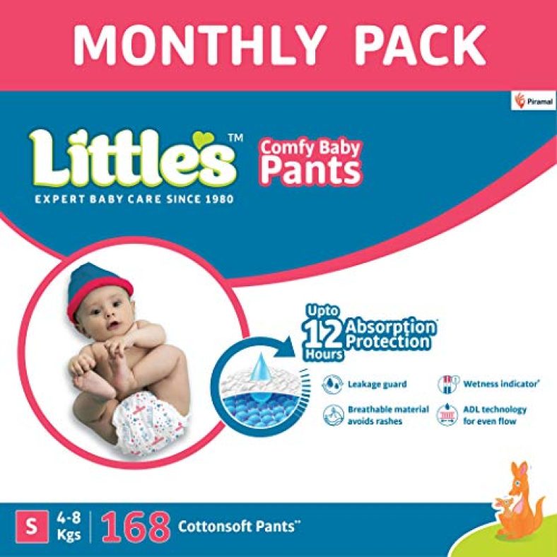 Little’S Baby Pants Diapers With Wetness Indicator And 12 Hours Absorption, Small (S), 4 – 8 Kg, 168 Count