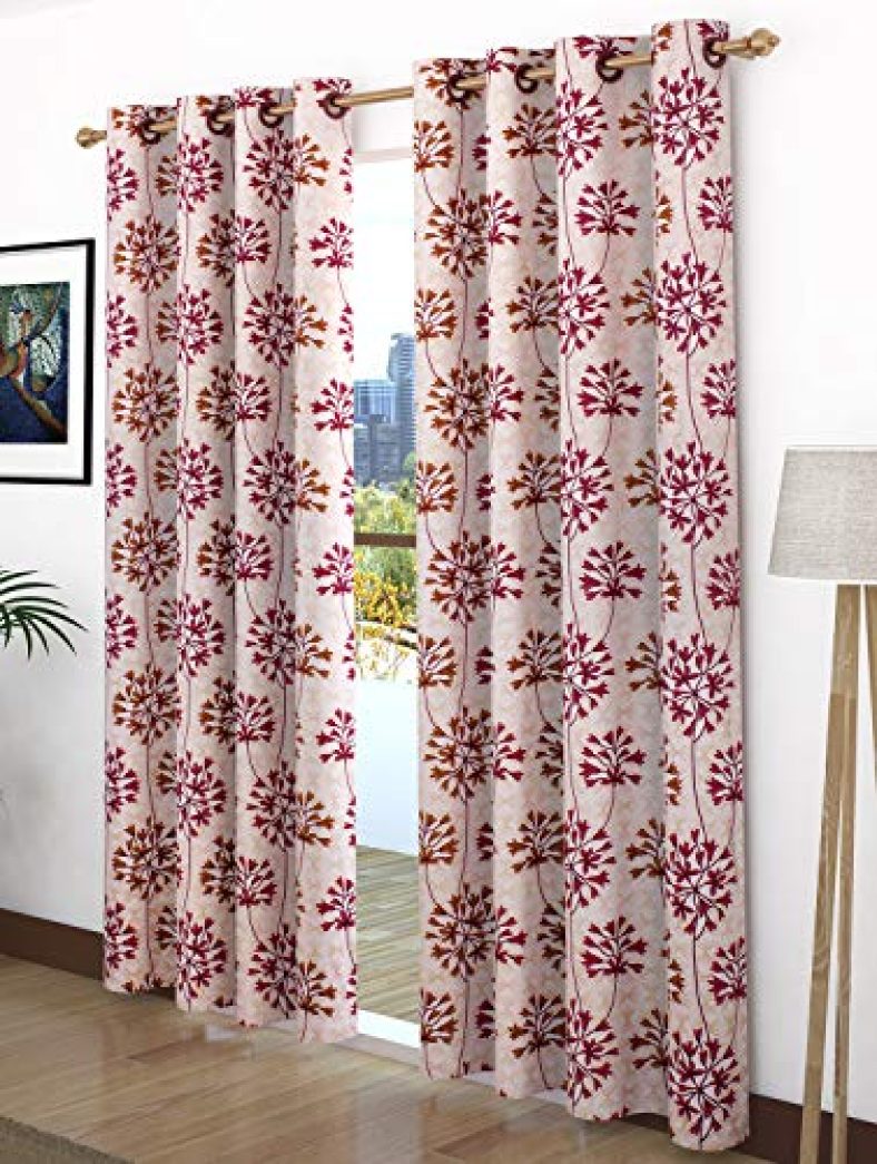 Story@Home Modern Polyester Floral Pattern Eyelet Combo Of 4 Piece Printed Ringtop Door Curtain Set For Drawing Room, Bedroom And Hall – 7 Ft, Beige And Maroon