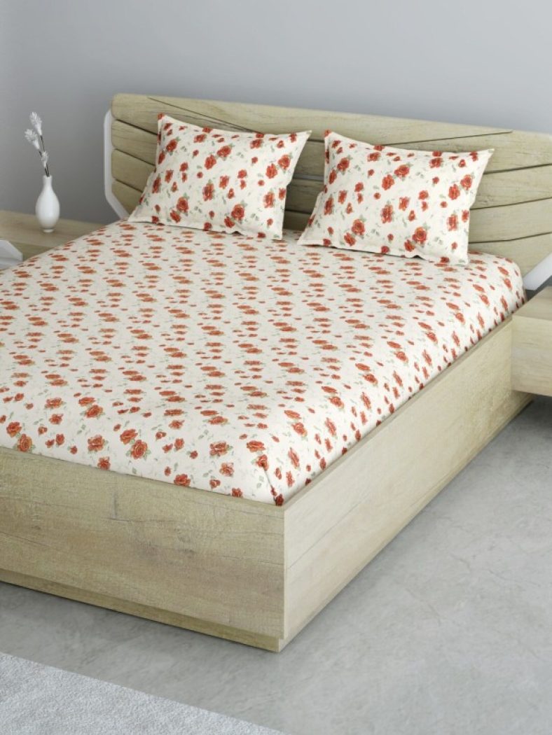 Aura 144 Tc Cotton Double Floral Bedsheet(Pack Of 1, Beige)