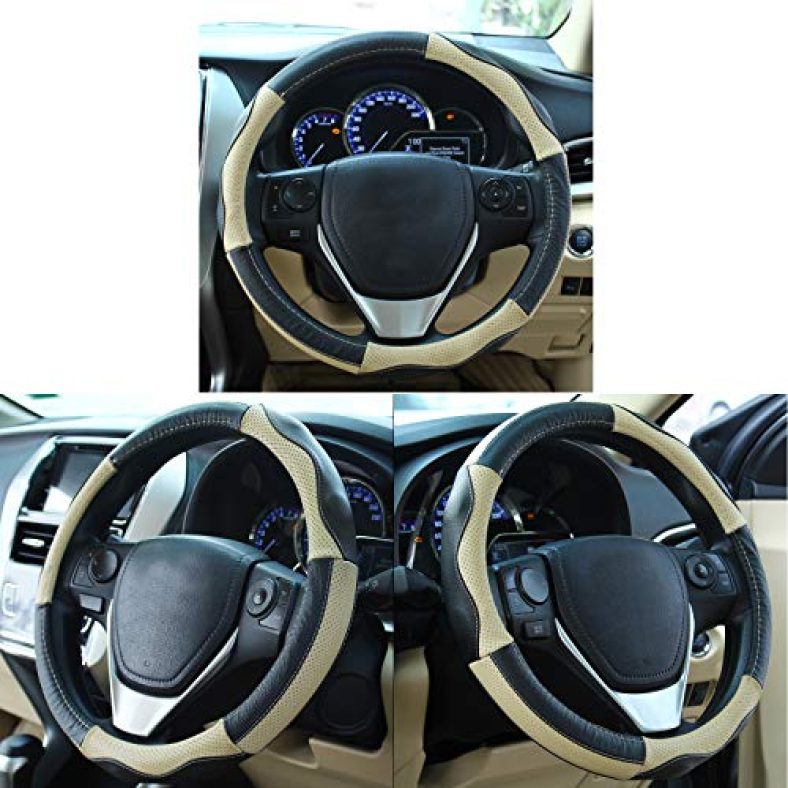 Oshotto Sc-008 Leather Car Steering Cover (Black And Beige,Medium)