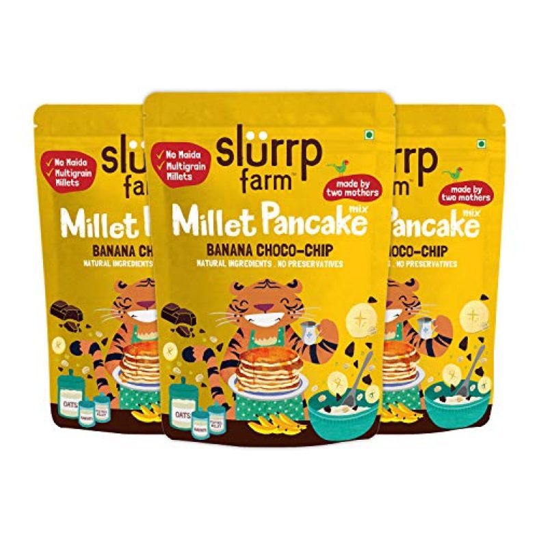 Slurrp Farm No Maida Millet Pancake Mix, Banana Choco-Chip And Supergrains, Natural And Healthy Food, 150G (Pack Of 3), Instant Healthy Breakfast Mix (Banana Choco-Chip)