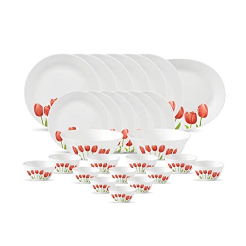 La Opala Diva, Ivory Collection, Opal Glass Dinner Set 27 Pcs, Tulip Garden, White