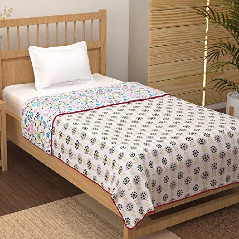 Story@Home Superfine Cotton Floral Pattern Lightweight Reversible Single Blanket/Duvet/Comforter/Ac Dohar (56 X 86 Inches, Pink And White)