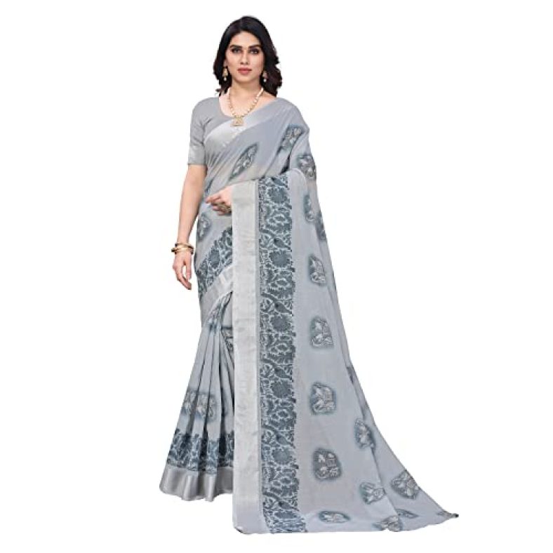 Sidhidata Women’S Printed Cotton Saree With Unstitched Blouse Piece (Elephant Grey_Grey_Free Size)