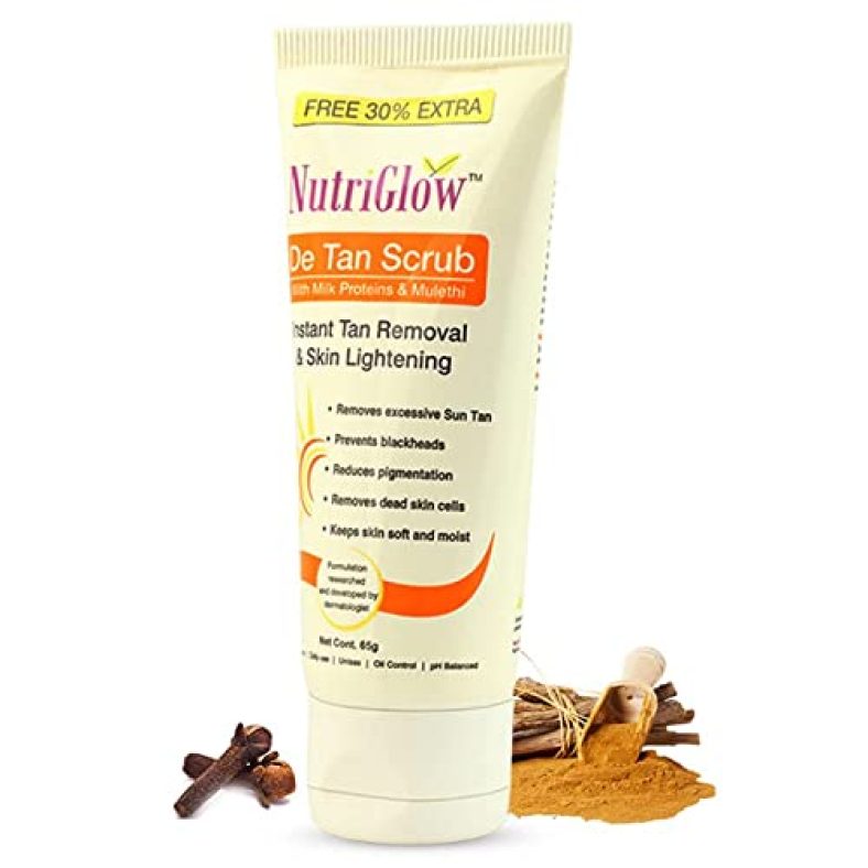 Nutriglow De Tan Scrub With Milk Protein & Mulethi For Deep Exfoliation, Tan Removal Treatment, Blackheads & Oily Prone Skin, All Skin Types, 65Gm
