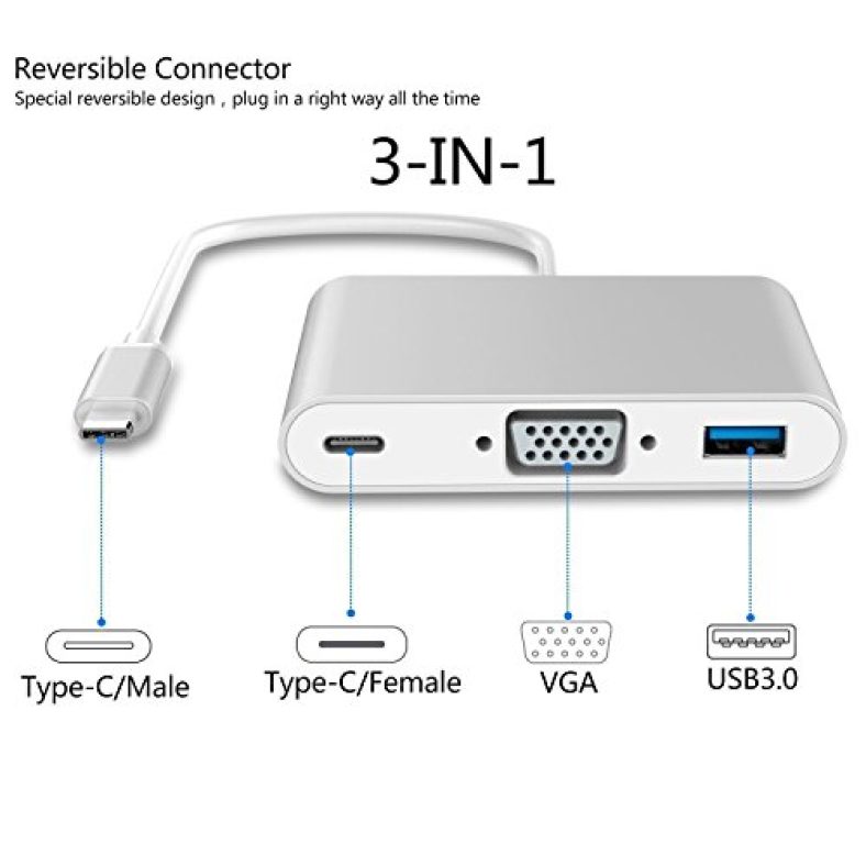Technotech 3 In 1 Usb 3.1 Type-C To Vga/Usb 3.0 /Type C Female Multiport Convertor Adapter