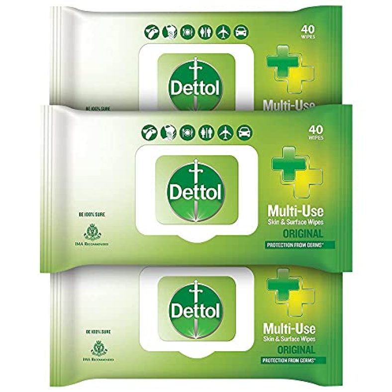 Dettol Disinfectant Sanitizer Wet Wipes For Skin & Surfaces , Original (Pack Of 3, 40 Count Each) | Moisture-Lock Lid | Safe On Skin | Ideal To Clean Surfaces
