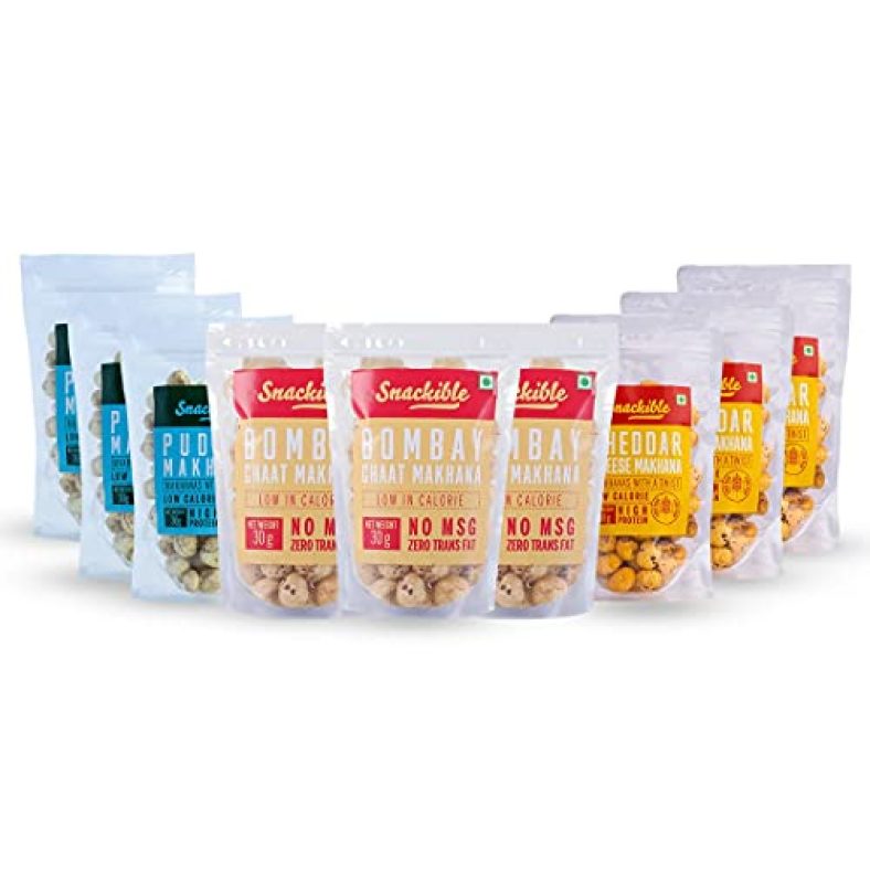 Snackible Makhana – Assorted Combo (Pack Of 3 Each) – 9X30Gm | Cheddar Cheese, Pudina, Bombay Chaat | Roasted | Rich In Calcium | High Fibre | Low Cholestrol | No Msg